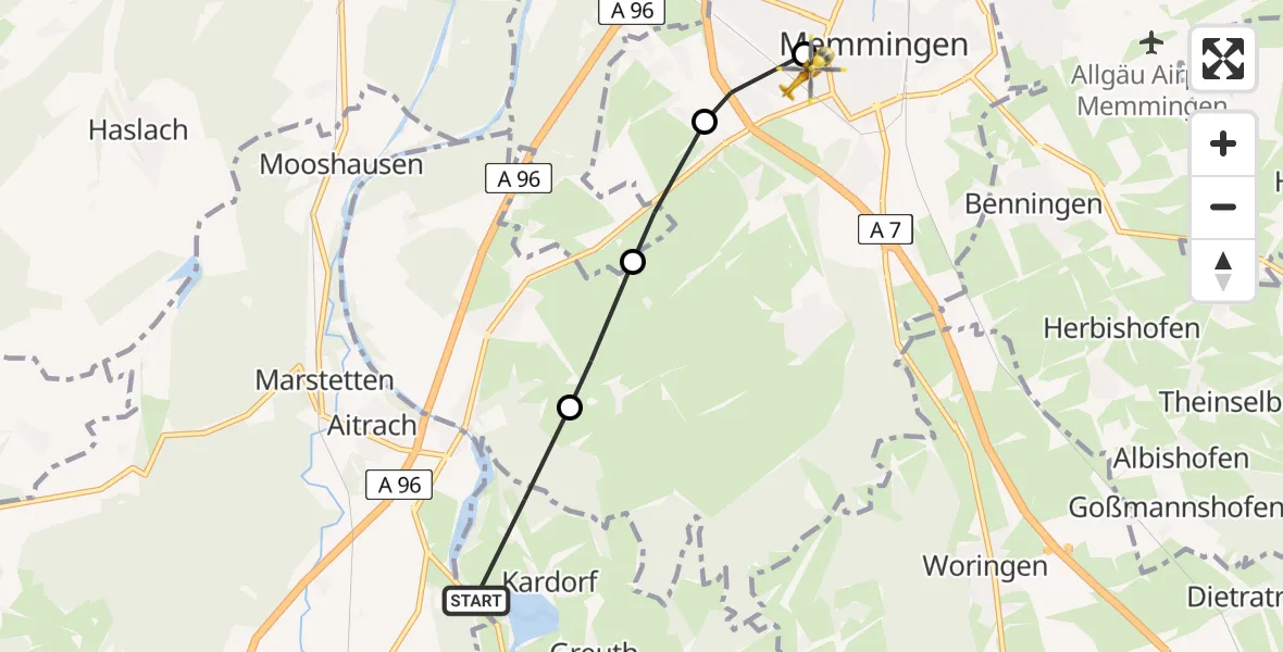 Flugroute Rettungshubschrauber Kronburg - Memmingen Hospital, 06 August 2026, 15:34