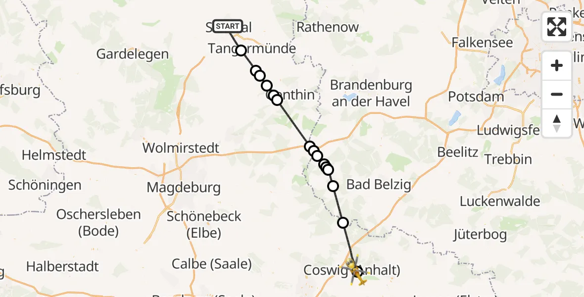 Flugroute Rettungshubschrauber Stendal - MediClin Heart Center Coswig Hubschrauberlandeplatz, 06 August 2026, 15:37