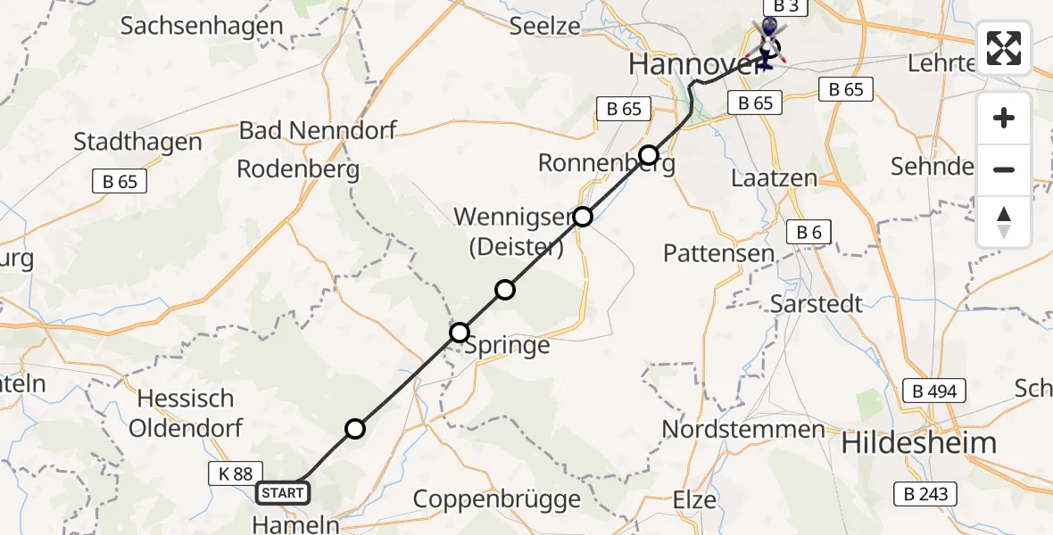 Flugroute Polizeihubschrauber Hameln - Hannover Luftrettung Hubschrauberlandeplatz (Christoph 4), 06 August 2026, 15:49