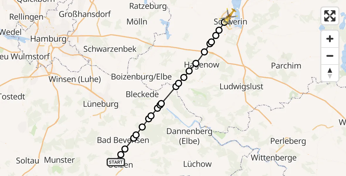 Flugroute Rettungshubschrauber Uelzen - Schwerin, 06 August 2026, 15:56