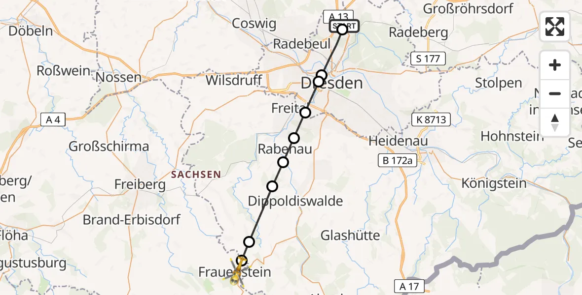 Flugroute Rettungshubschrauber Dresden Flughafen - Frauenstein, 06 August 2026, 15:59