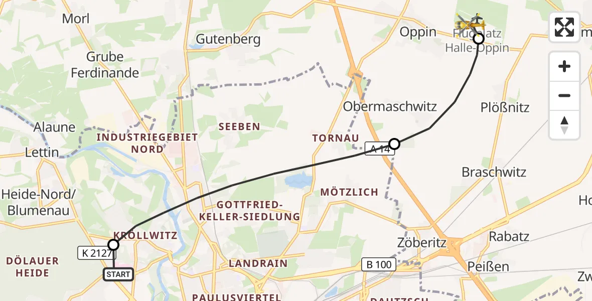 Flugroute Rettungshubschrauber Halle (Saale) University Hospital - Halle-Oppin Flugplatz, 06 August 2026, 16:05