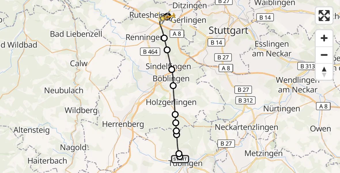 Flugroute Rettungshubschrauber Tübingen University Hospital - Leonberg Hospital, 06 August 2026, 16:09