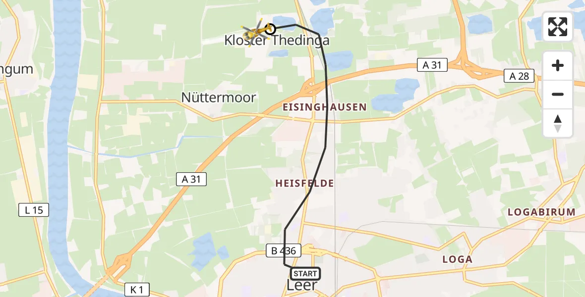 Flugroute Ambulanzhubschrauber Leer (Ostfriesland) - Flugplatz Leer-Papenburg, 06 August 2026, 16:10