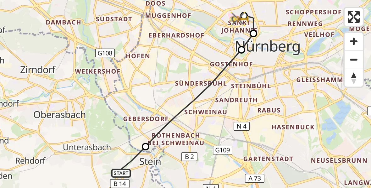 Flugroute Ambulanzhubschrauber Stein - Nürnberg North Hospital, 06 August 2026, 16:12