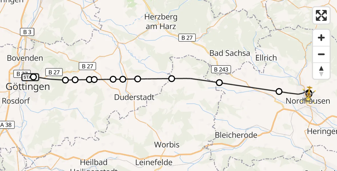Flugroute Rettungshubschrauber Göttingen University Clinic Hubschrauberlandeplatz - Südharz Hospital Nordhausen, 06 August 2026, 16:14