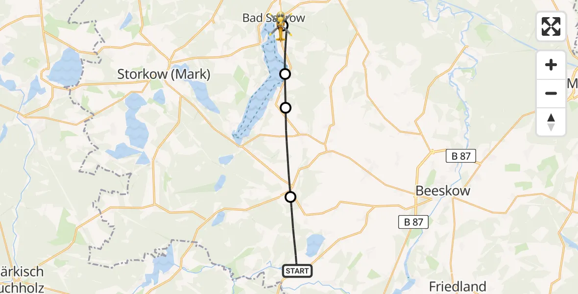 Flugroute Rettungshubschrauber Tauche - Bad Saarow Hospital Hubschrauberlandeplatz, 06 August 2026, 16:16
