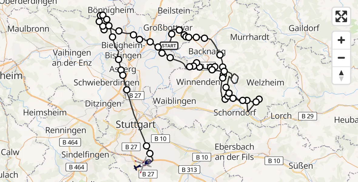 Flugroute Polizeihubschrauber Steinheim an der Murr - Flughafen Stuttgart, 06 August 2026, 16:16