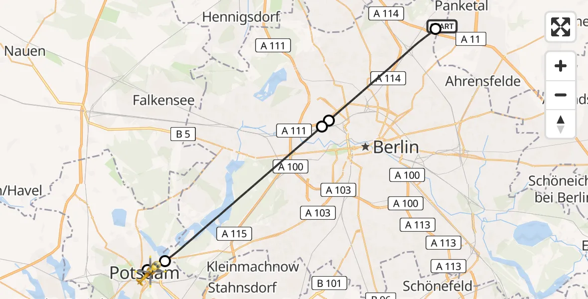 Flugroute Rettungshubschrauber Helios Clinic Berlin-Buch - Ernst von Bergmann Clinic Hubschrauberlandeplatz, 06 August 2026, 16:19