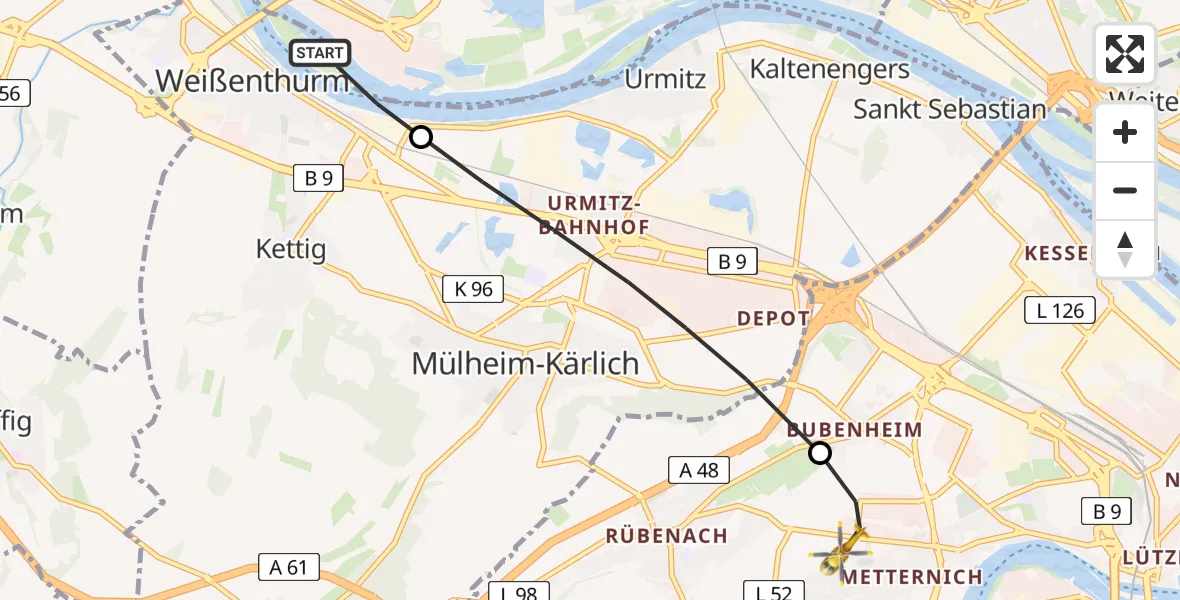 Flugroute Rettungshubschrauber Weißenthurm - Koblenz, 06 August 2026, 16:21