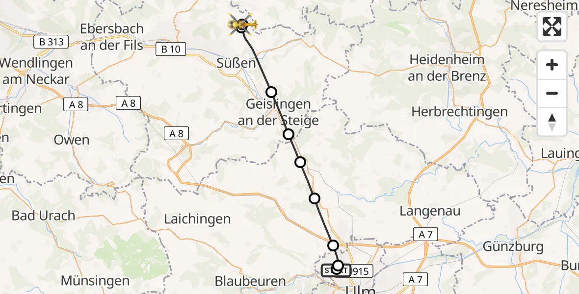Flugroute Rettungshubschrauber Ulm Military Hospital Emergency - Schwäbisch Gmünd, 06 August 2026, 16:21