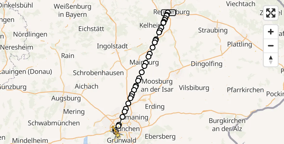 Flugroute Rettungshubschrauber Barmherzige Brüder (Brothers of Mercy) Hospital Regensburg - DRF Air Rescue München Hubschrauberlandeplatz, 06 August 2026, 16:26