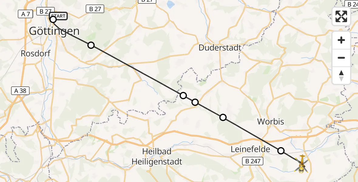 Flugroute Rettungshubschrauber Göttingen University Clinic Hubschrauberlandeplatz - Niederorschel, 06 August 2026, 16:27