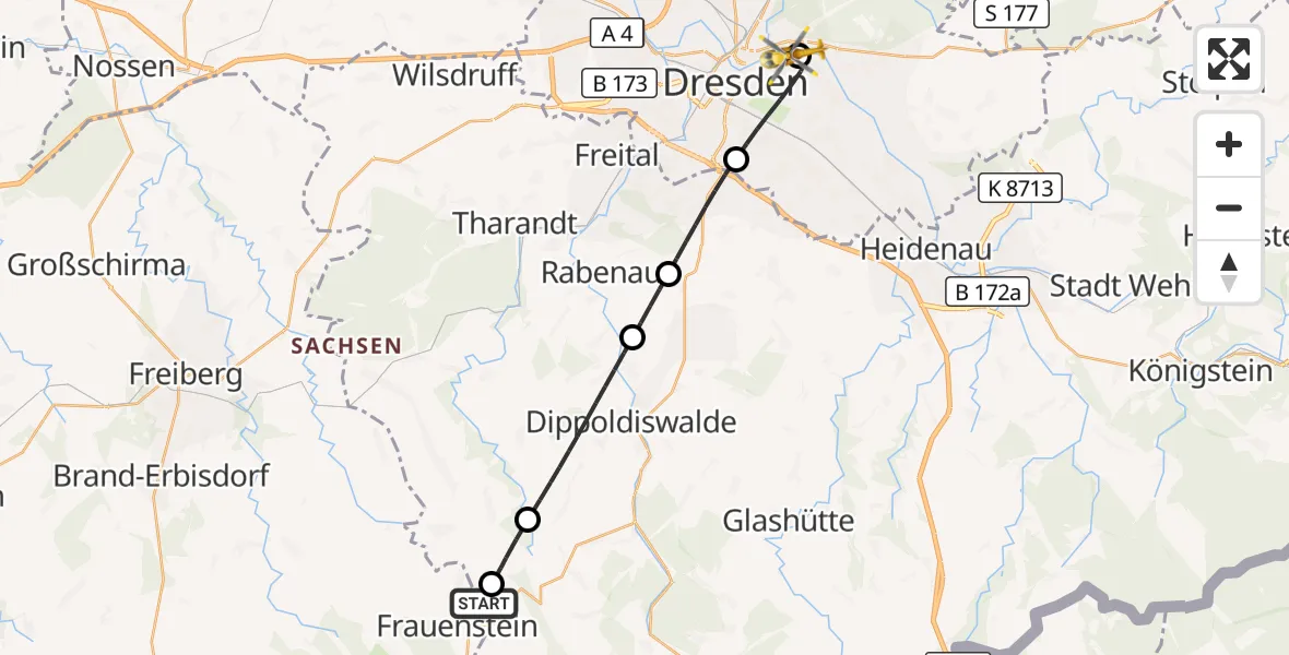 Flugroute Rettungshubschrauber Frauenstein - Dresden Elbwiesen Hubschrauberlandeplatz, 06 August 2026, 16:41