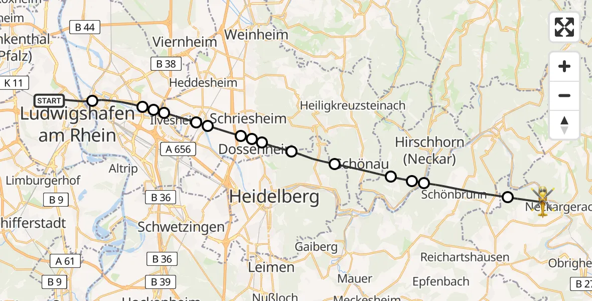 Flugroute Rettungshubschrauber Ludwigshafen am Rhein - Neunkirchen, 06 August 2026, 16:44