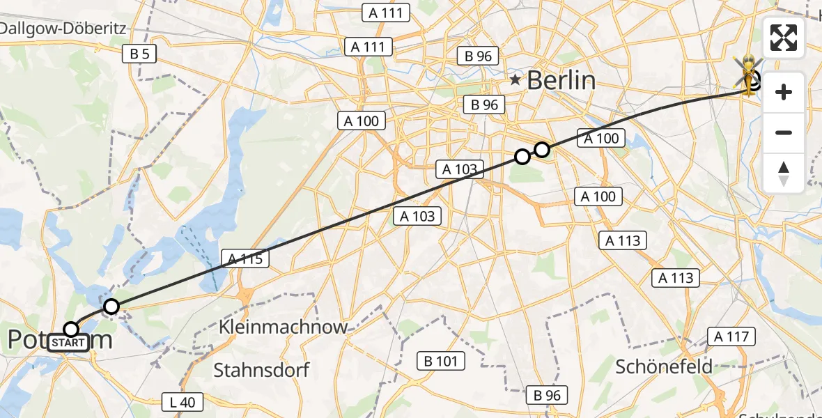 Flugroute Rettungshubschrauber Ernst von Bergmann Clinic Hubschrauberlandeplatz - Berlin Emergency Hospital, 06 August 2026, 16:49