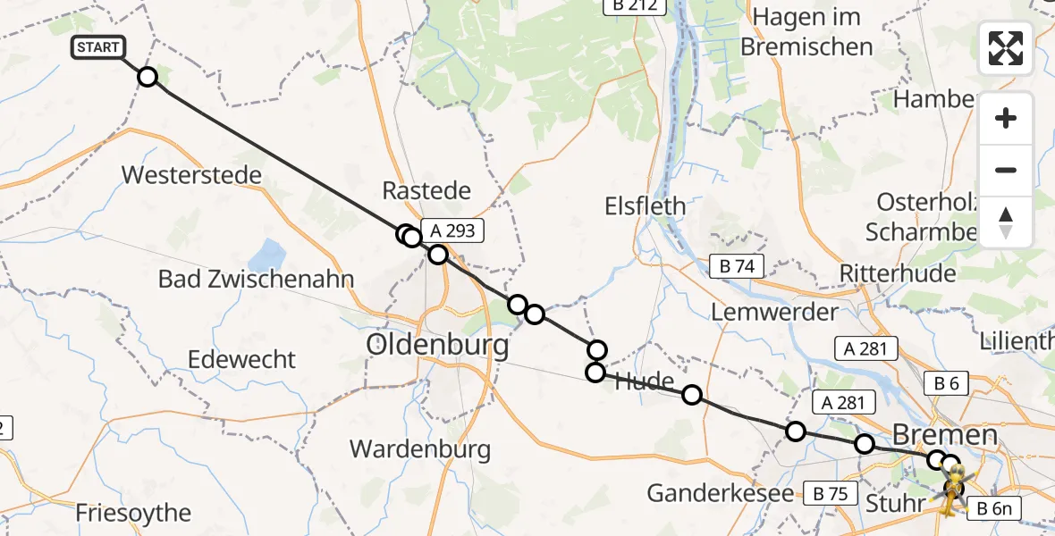 Flugroute Rettungshubschrauber Uplengen - ADAC Air Rescue Station Bremen Hubschrauberlandeplatz (Christoph 6), 06 August 2026, 16:53