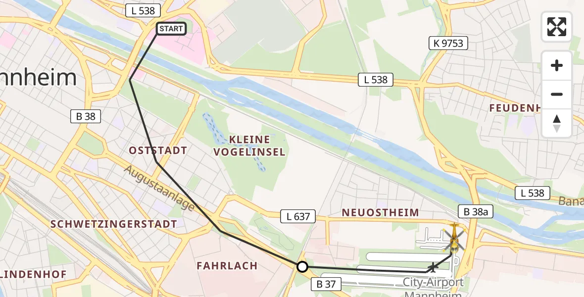 Flugroute Rettungshubschrauber Mannheim - Mannheim-City Flughafen, 06 August 2026, 16:56