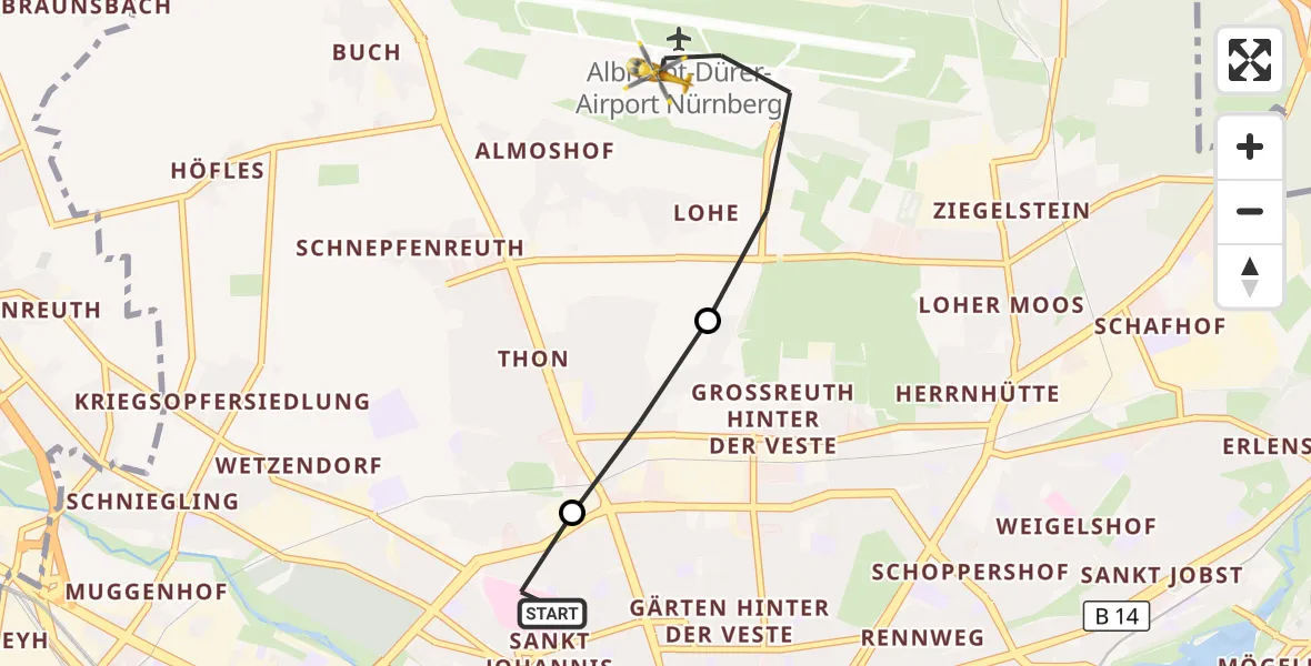 Flugroute Ambulanzhubschrauber Nürnberg North Hospital - Flughafen Nuremberg, 06 August 2026, 16:57