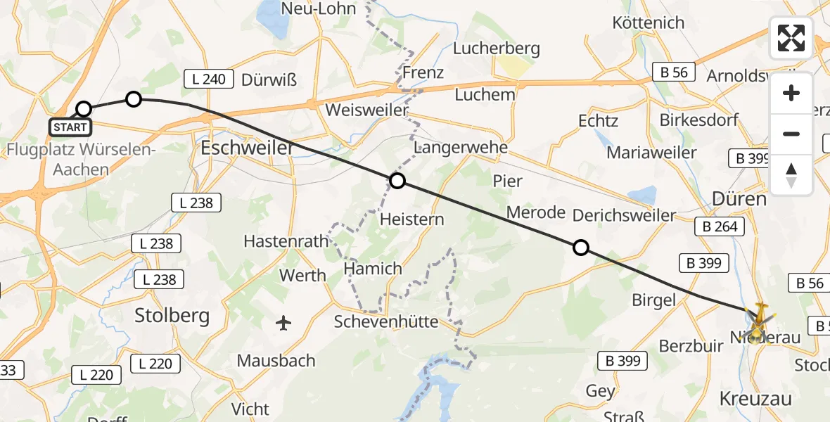Flugroute Rettungshubschrauber Aachen-Merzbrück Flughafen - Düren, 06 August 2026, 17:07