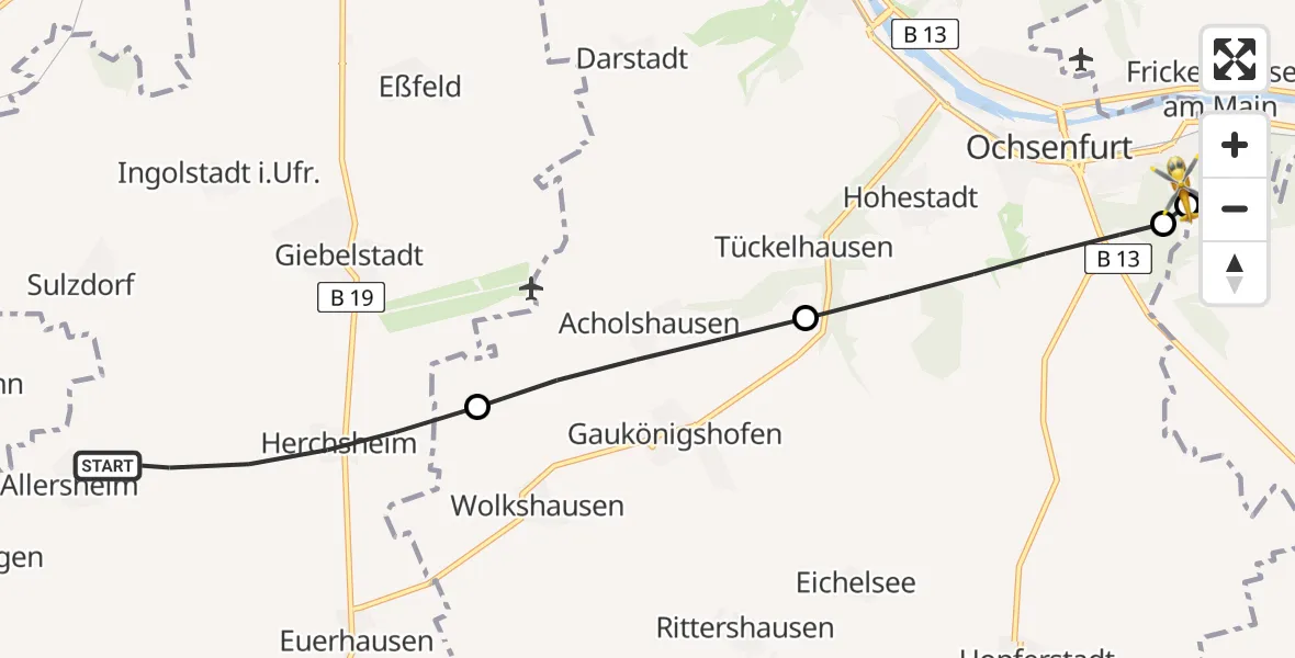 Flugroute Rettungshubschrauber Giebelstadt - Ochsenfurt Hospital, 06 August 2026, 17:07