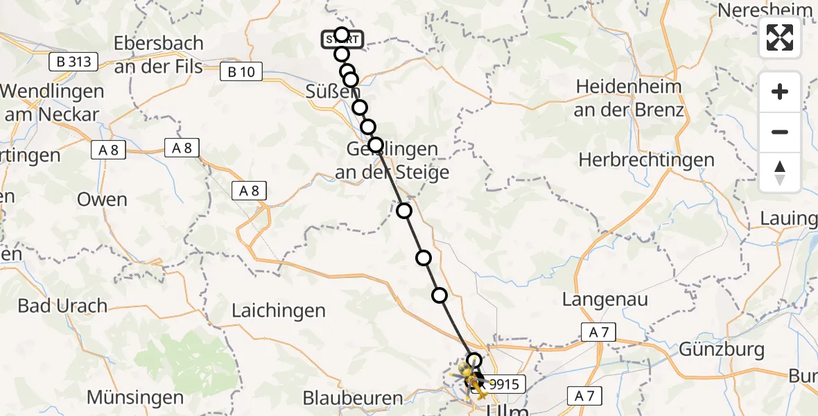 Flugroute Rettungshubschrauber Schwäbisch Gmünd - ADAC Air Rescue Station Ulm (Christoph 22), 06 August 2026, 17:07