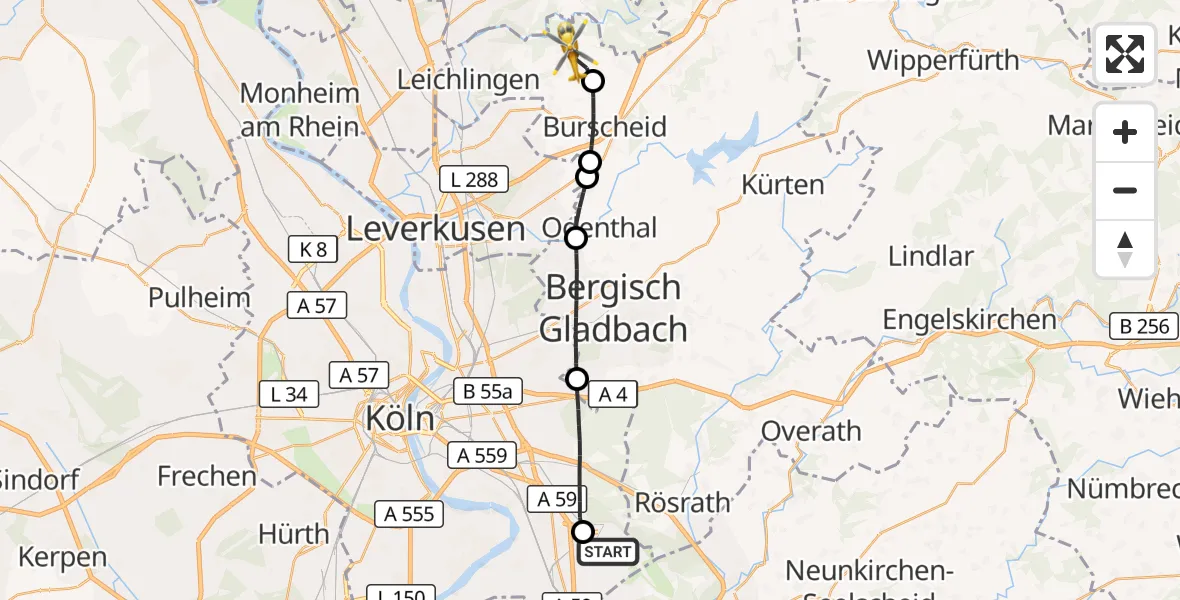 Flugroute Rettungshubschrauber Köln Bonn Flughafen - Leichlingen (Rhld.), 06 August 2026, 17:17