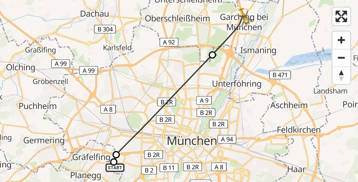 Flugroute Rettungshubschrauber DRF Air Rescue München Hubschrauberlandeplatz - Garching b.München, 06 August 2026, 17:24