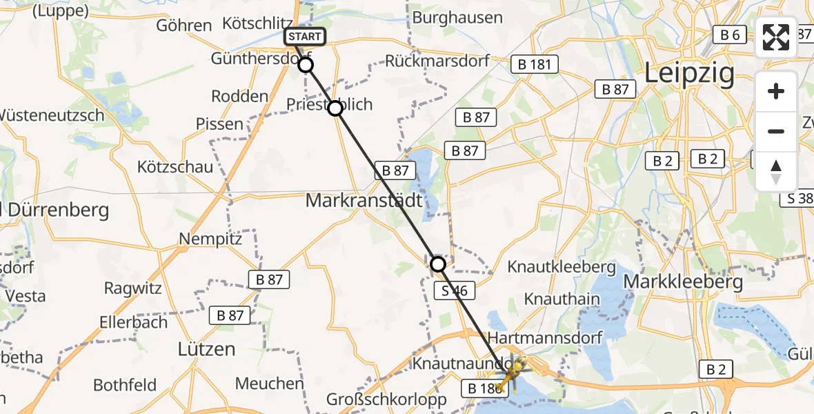 Flugroute Rettungshubschrauber ADAC Air Rescue Station Leipzig/Schkeuditz-Dölzig Hubschrauberlandeplatz (Christoph 61) - Leipzig, 06 August 2026, 17:33