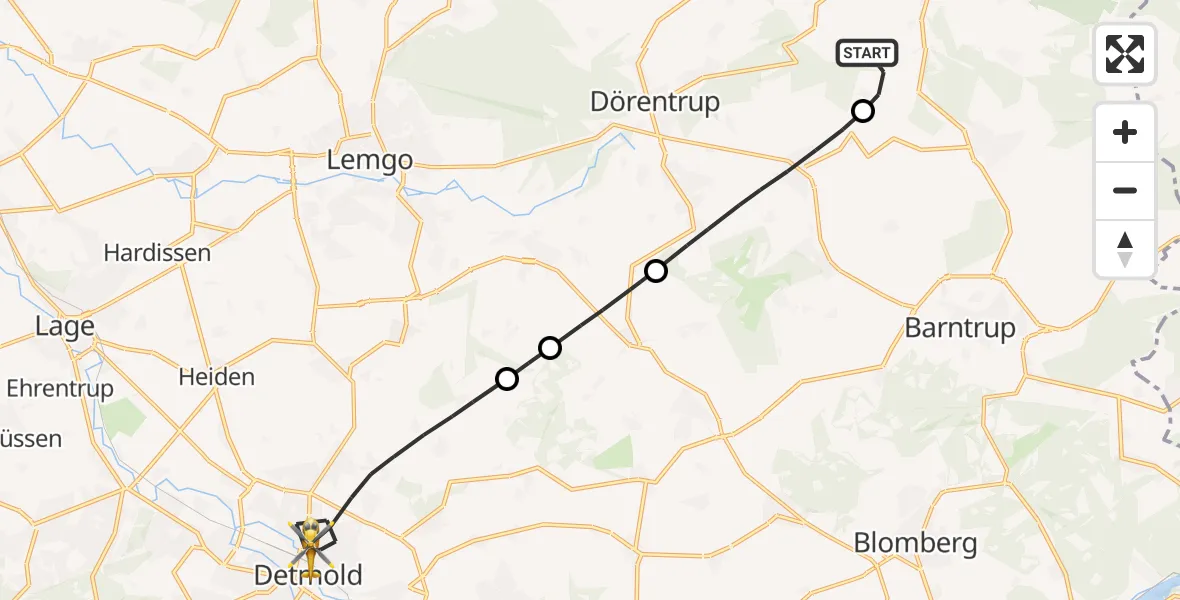 Flugroute Rettungshubschrauber Extertal - Detmold, 06 August 2026, 17:39