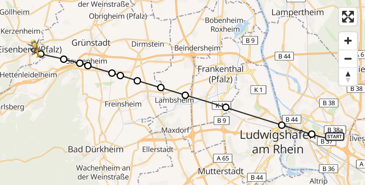 Flugroute Rettungshubschrauber Mannheim-City Flughafen - Eisenberg (Pfalz), 06 August 2026, 17:42