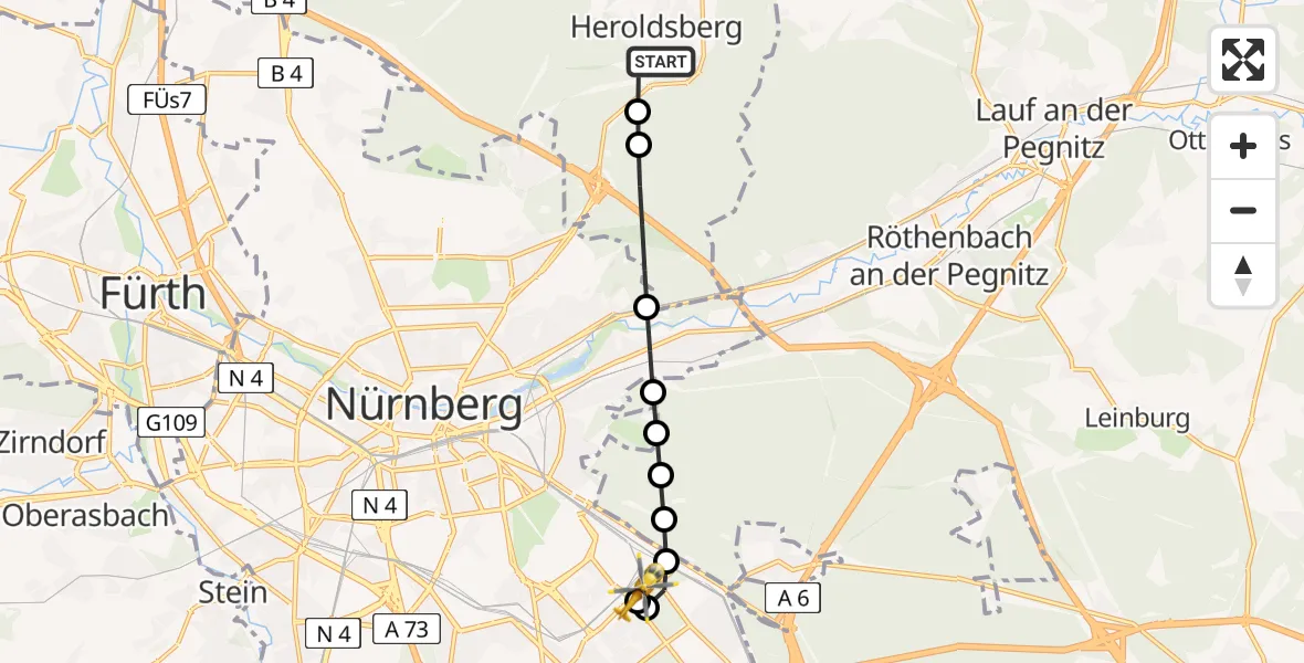 Flugroute Ambulanzhubschrauber Heroldsberg - Nürnberg South Hospital, 06 August 2026, 17:44
