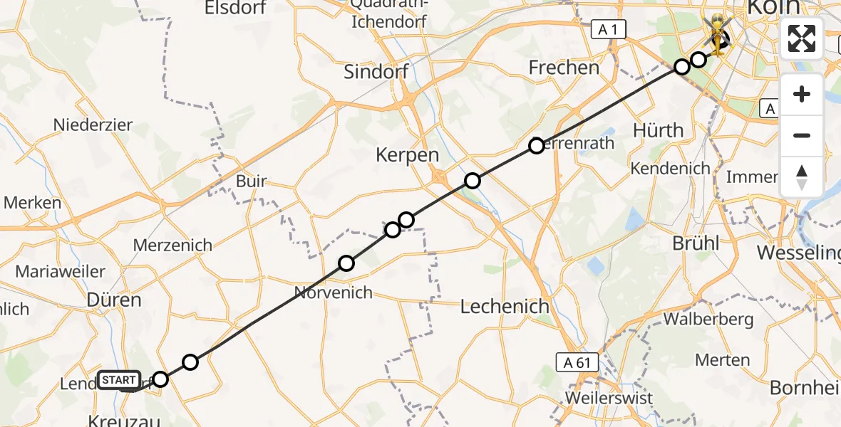 Flugroute Rettungshubschrauber Düren - Köln University Hospital, 06 August 2026, 17:45
