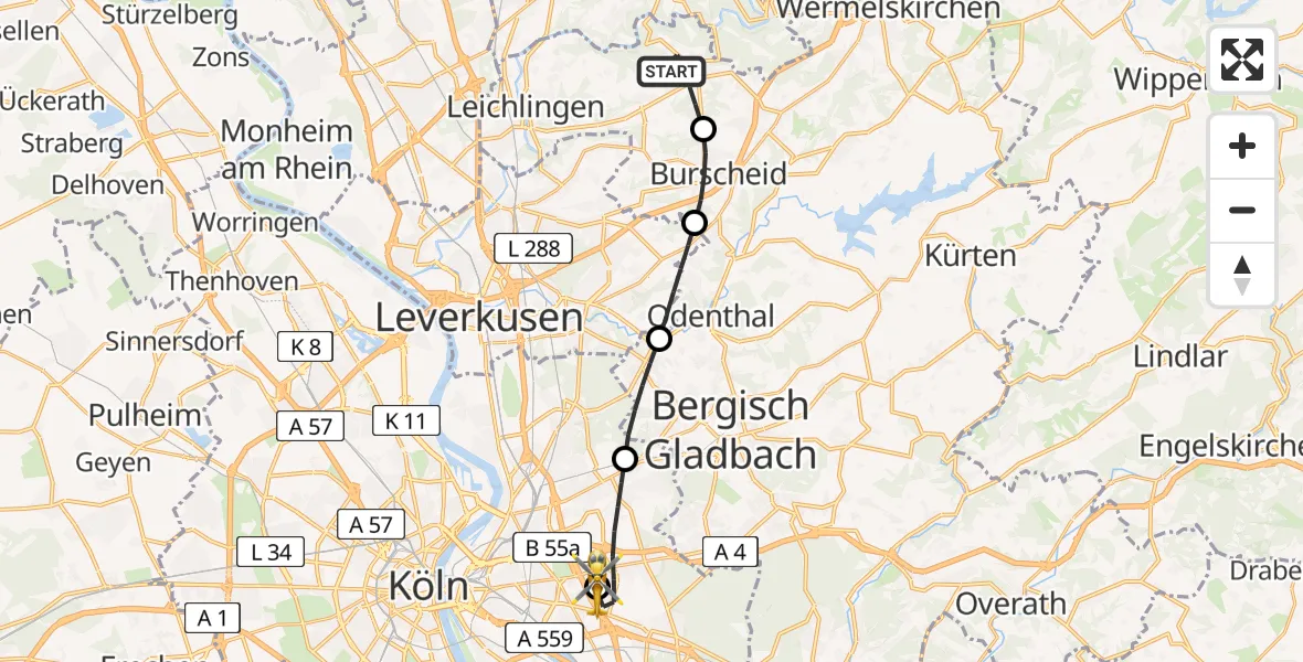 Flugroute Rettungshubschrauber Leichlingen (Rhld.) - Merheim Hospital, 06 August 2026, 17:47