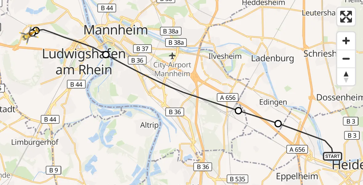 Flugroute Rettungshubschrauber Heidelberg - Ludwigshafen Accident Hospital, 06 August 2026, 17:55