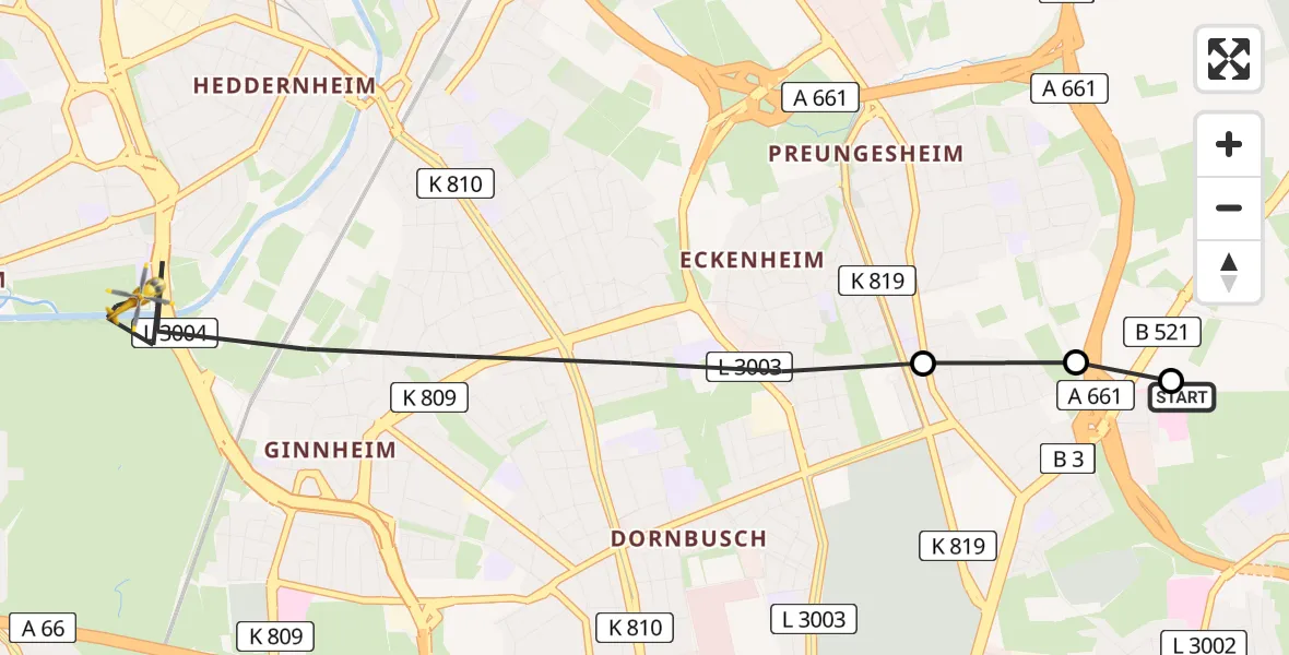 Flugroute Rettungshubschrauber Frankfurt am Main Accident Hospital Roof Helipad (CHX2) - Frankfurt am Main, 06 August 2026, 18:00