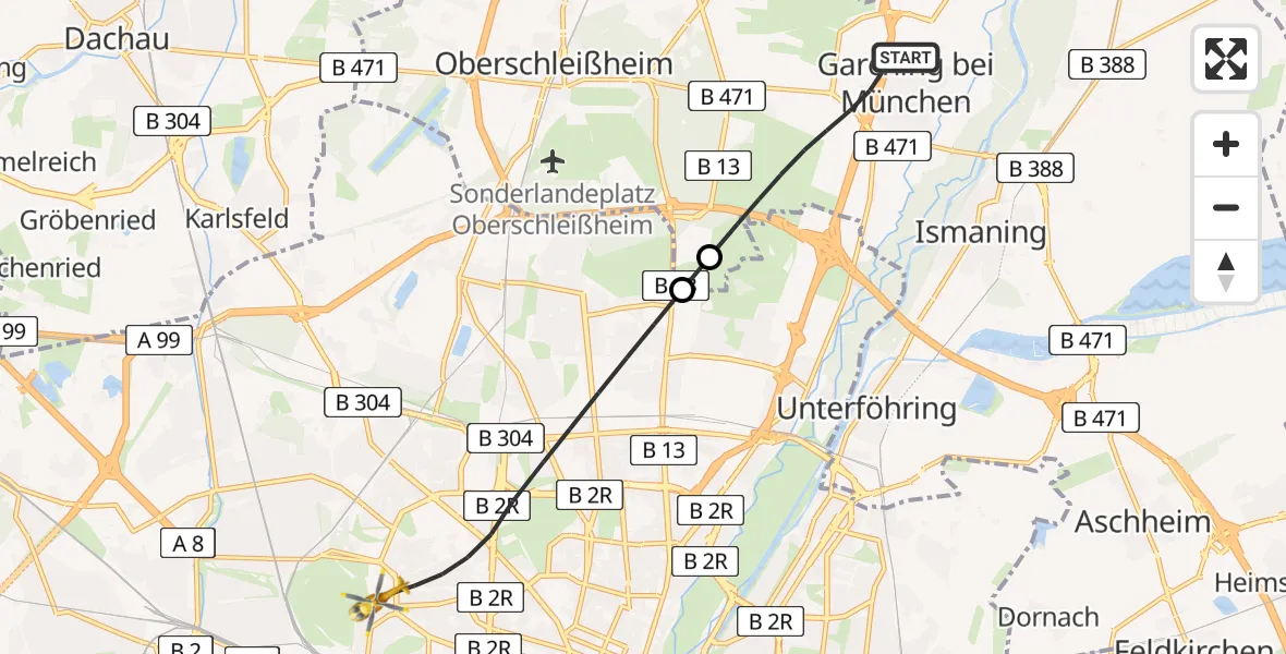Flugroute Rettungshubschrauber Garching b.München - München, 06 August 2026, 18:03