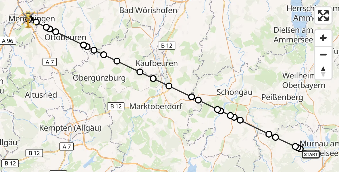 Flugroute Rettungshubschrauber Murnau a.Staffelsee - Memmingen Hospital, 06 August 2026, 18:05