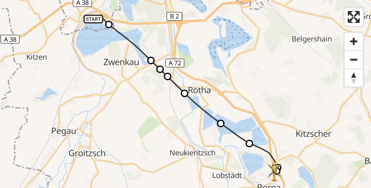 Flugroute Rettungshubschrauber Leipzig - Sana Hospital Borna, 06 August 2026, 18:07