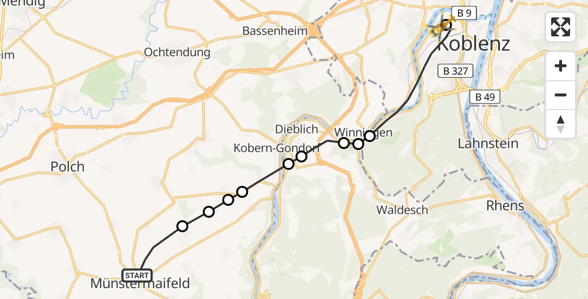 Flugroute Rettungshubschrauber Münstermaifeld - Katholisches Klinikum Marienhof Koblenz Hubschrauberlandeplatz, 06 August 2026, 18:07