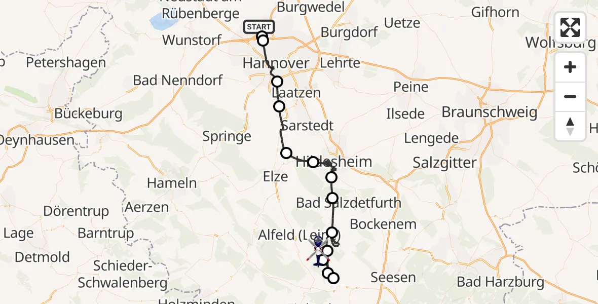 Flugroute Polizeihubschrauber Flughafen Hannover - Freden (Leine), 06 August 2026, 18:11