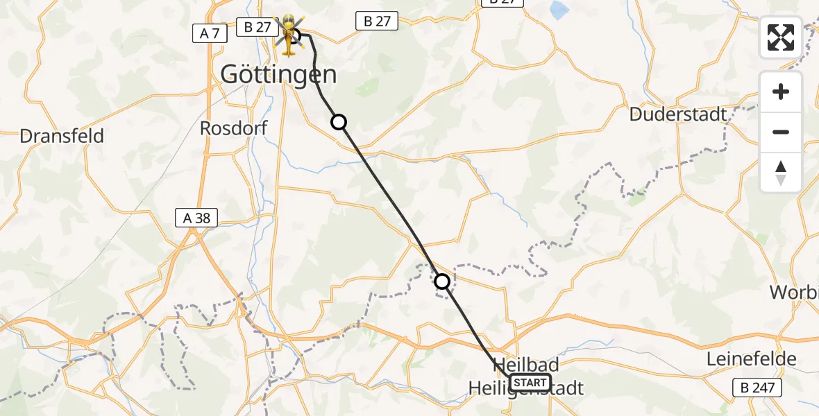 Flugroute Rettungshubschrauber Heilbad Heiligenstadt - Göttingen University Clinic Hubschrauberlandeplatz, 06 August 2026, 18:12