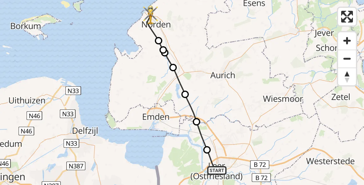 Flugroute Ambulanzhubschrauber Leer (Ostfriesland) - Norden, 06 August 2026, 18:14