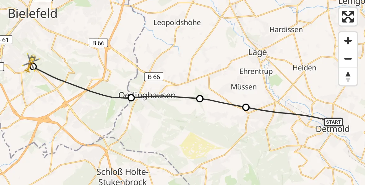 Flugroute Rettungshubschrauber Detmold - Luftrettungszentrum Bielefeld, 06 August 2026, 18:20