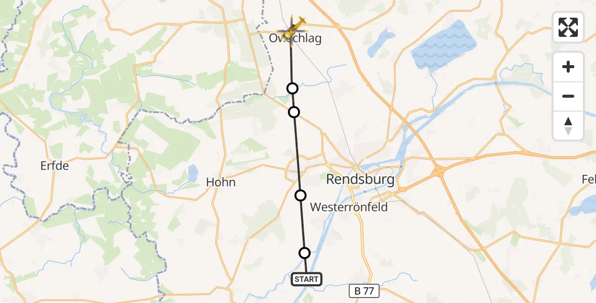 Flugroute Ambulanzhubschrauber Schülp b.Rendsburg - Owschlag, 06 August 2026, 18:24