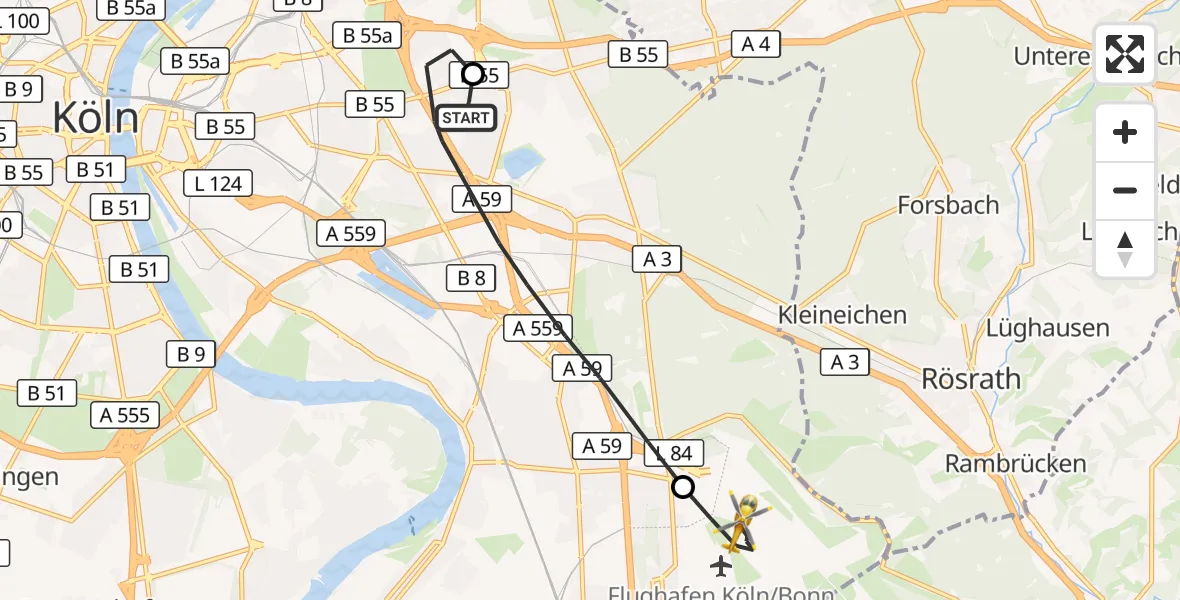 Flugroute Rettungshubschrauber Merheim Hospital - Köln Bonn Flughafen, 06 August 2026, 18:29