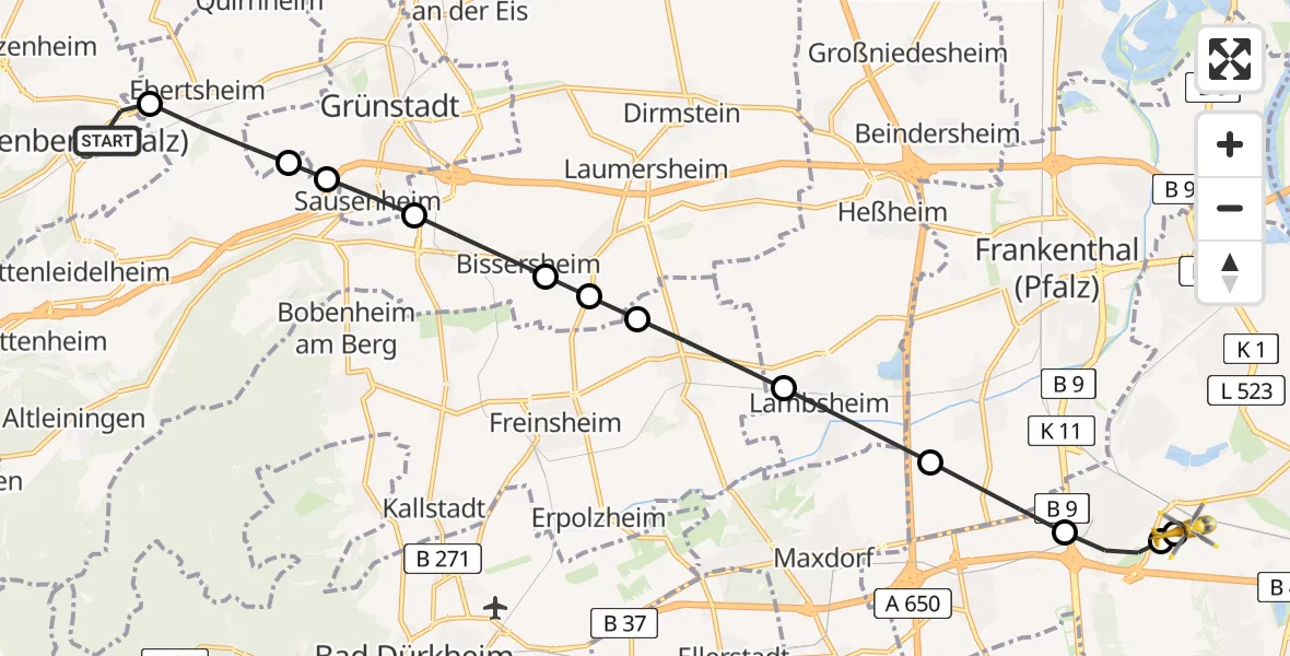 Flugroute Rettungshubschrauber Eisenberg (Pfalz) - Ludwigshafen Accident Hospital, 06 August 2026, 18:29