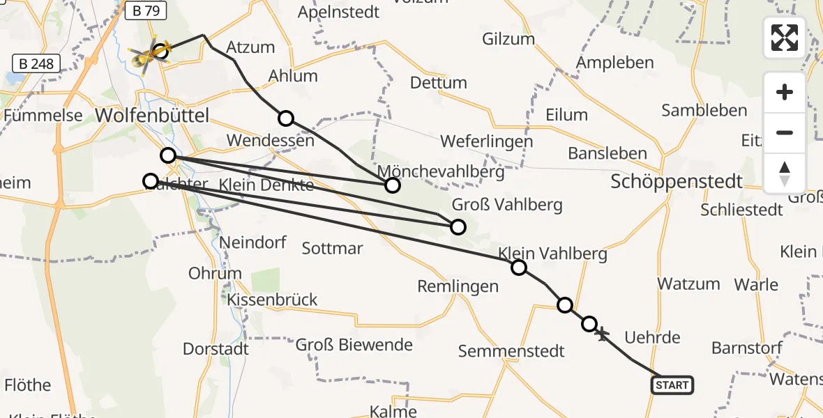 Flugroute Rettungshubschrauber Uehrde - Wolfenbüttel Municipal Hospital Heliport (Christoph 30), 06 August 2026, 18:30