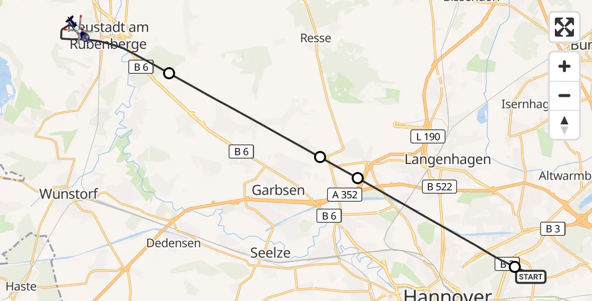 Flugroute Polizeihubschrauber Hannover Luftrettung Hubschrauberlandeplatz (Christoph 4) - Neustadt am Rübenberge, 06 August 2026, 18:40