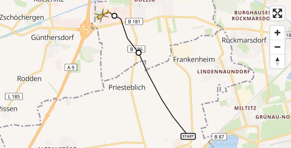 Flugroute Rettungshubschrauber Markranstädt - ADAC Air Rescue Station Leipzig/Schkeuditz-Dölzig Hubschrauberlandeplatz (Christoph 61), 06 August 2026, 18:46